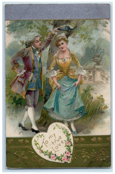 c1910's Valentine Colonial Couple Raining Winsch Back Embossed Antique Postcard