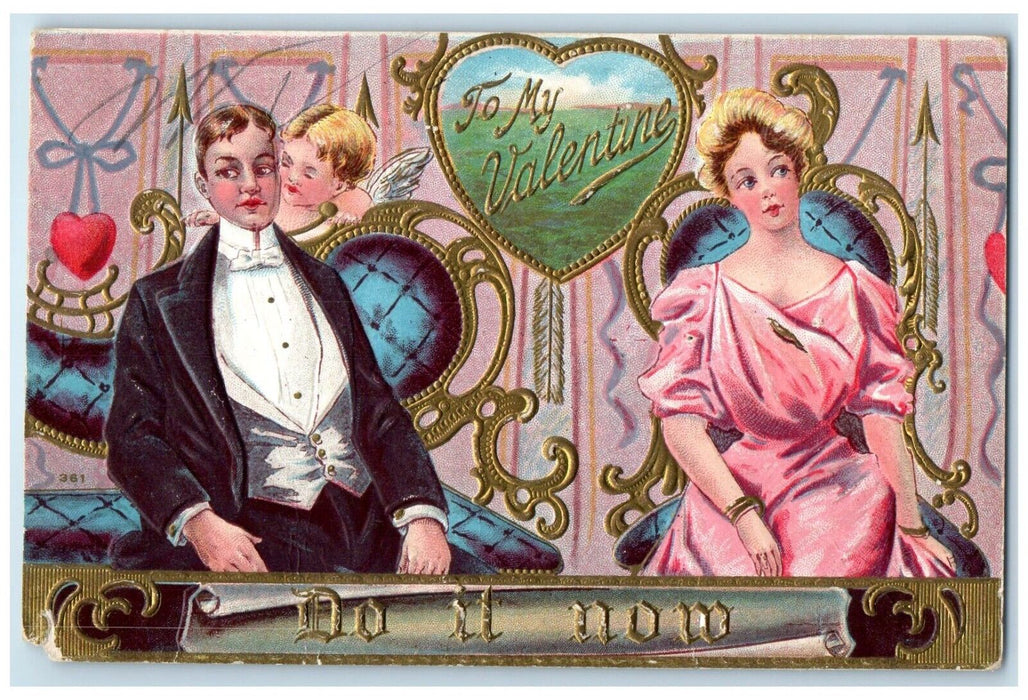 c1910's Valentine Heart Angel Cupid Couple Embossed Posted Antique Postcard
