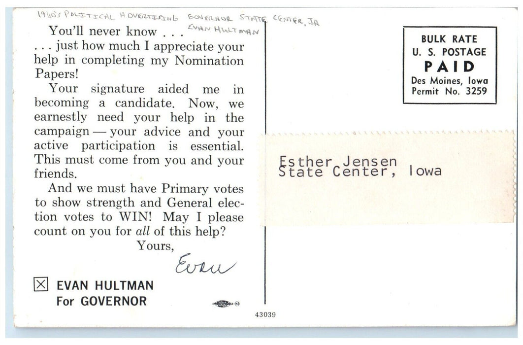 c1960 Political Advertising Governor Evan Hultman State Center Iowa IA Postcard