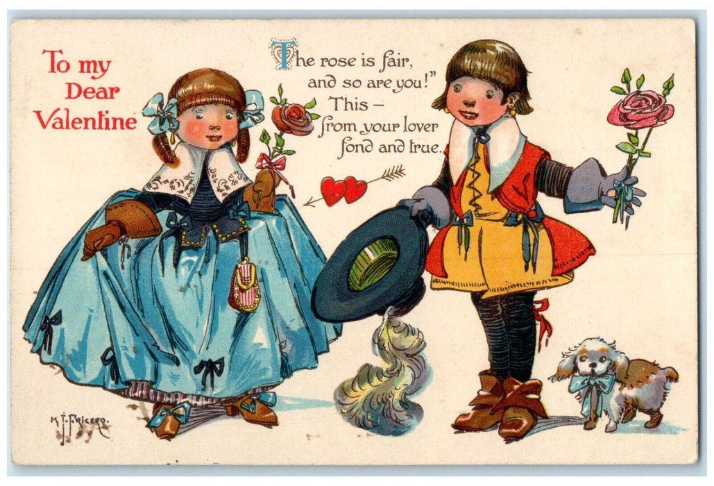 1913 Valentine Girls With Roses Heart Cute Dog Milford PA Antique Postcard