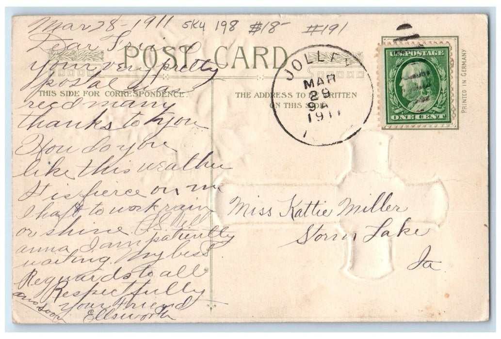 1911 Easter Wishes Holy Cross White Flowers Winsch Back Jolley IA Postcard