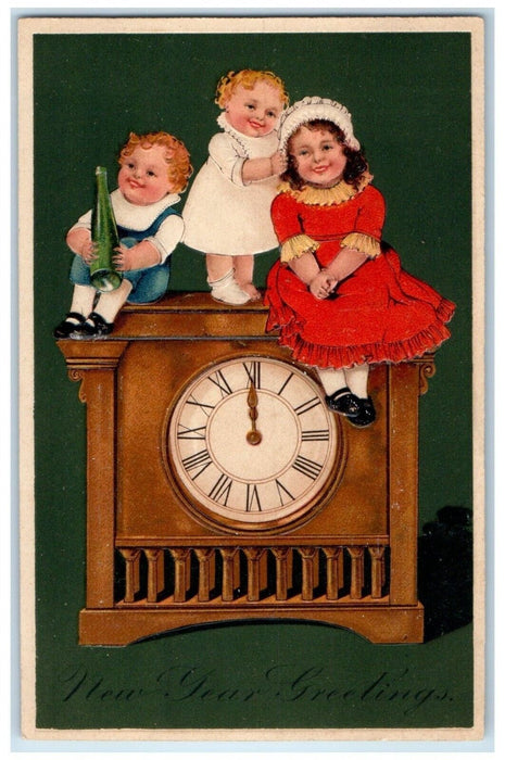 c1910's New Year Greetings Children On Top Of Clock Embossed Antique Postcard