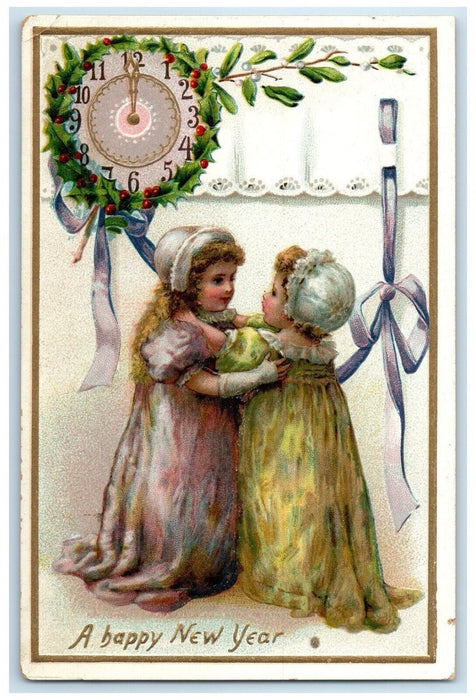 New Year Little Girl Mistletoe Holly Berries Clock Embossed Tuck's Postcard