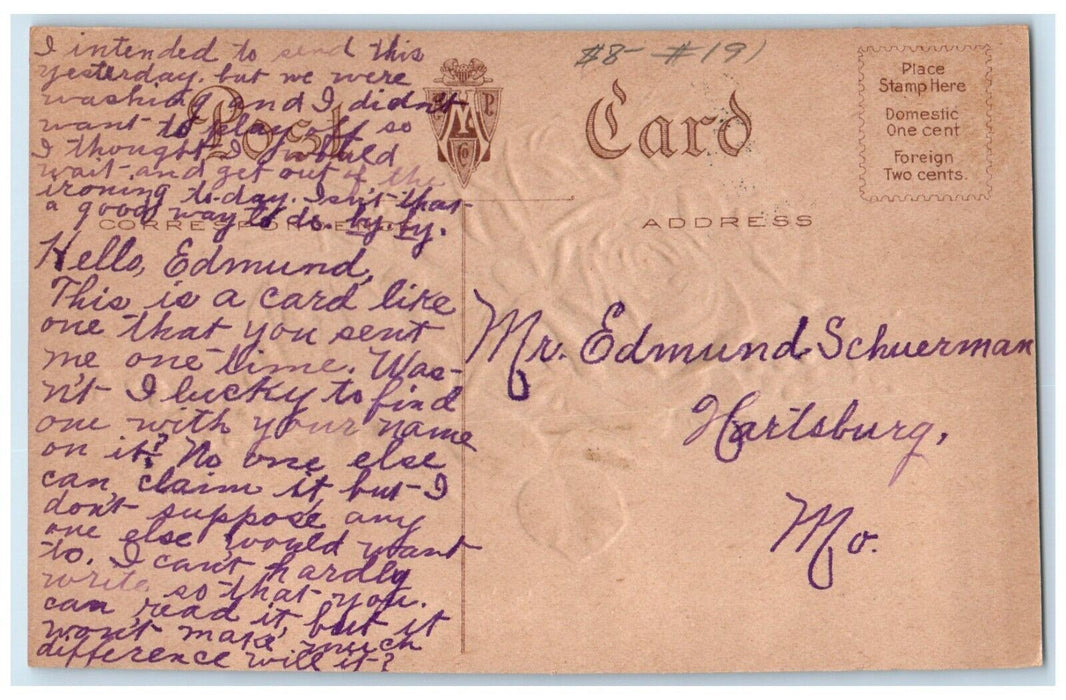 c1910's Roses Flowers Dragonfly Embossed Hartsburg Missouri MO Antique Postcard