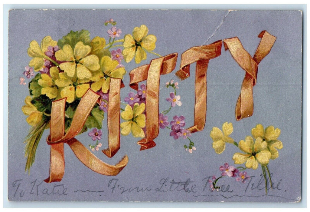 1909 Yellow Flowers Kitty Large Letters Peebles Wisconsin WI Antique Postcard
