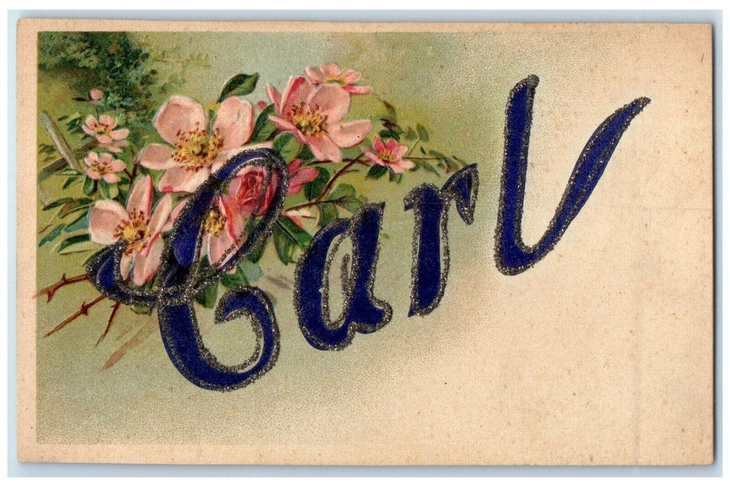 c1910's Flowers Carl Large Letters Glitter Embossed Posted Antique Postcard