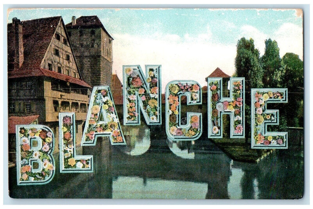 c1910's Blanche Flowers Large Letters Building River Scene Antique Postcard