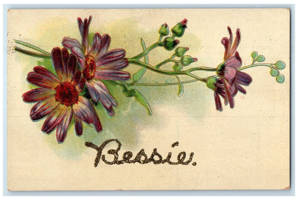 1912 Bessie Name Flowers Glitter Embossed Hartsburg Missouri MO Antique Postcard