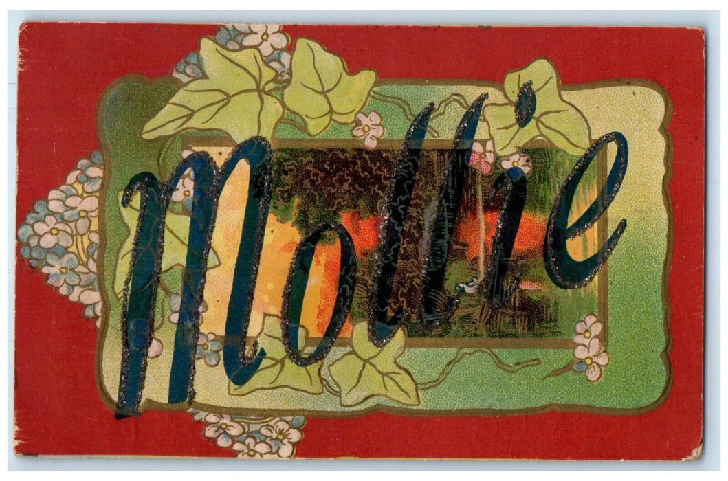 1908 Mollie Name Flowers Glitter Embossed Jonesburg Missouri MO Antique Postcard