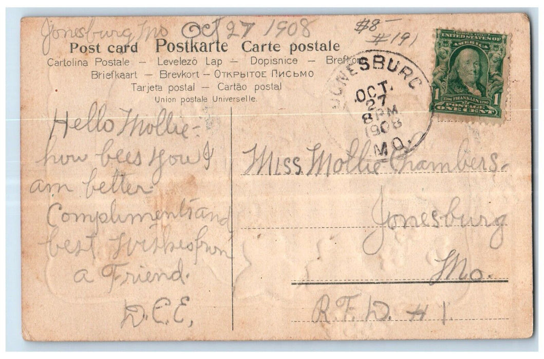 1908 Mollie Name Flowers Glitter Embossed Jonesburg Missouri MO Antique Postcard