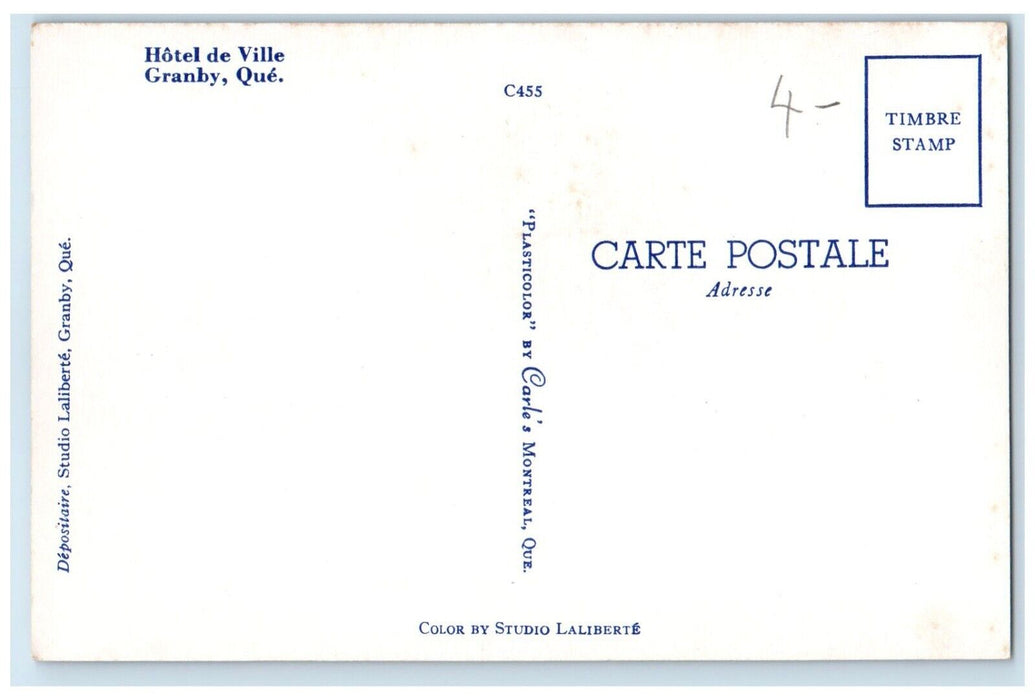 c1960's Hotel De Ville Granby Quebec Canada Vintage Posted Postcard