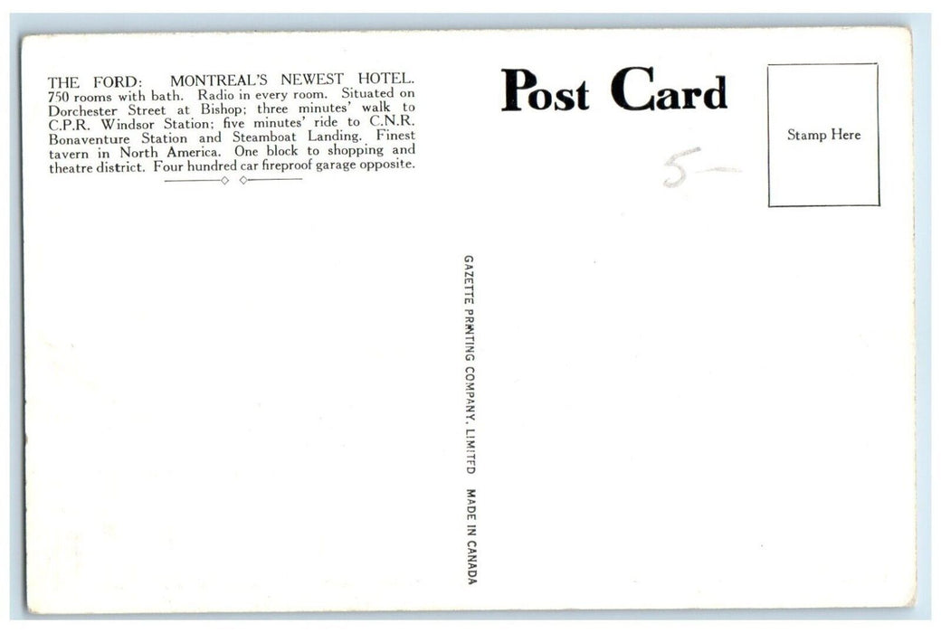 c1960's Ford Hotel Dorchester & Bishop Streets Montreal Canada Postcard