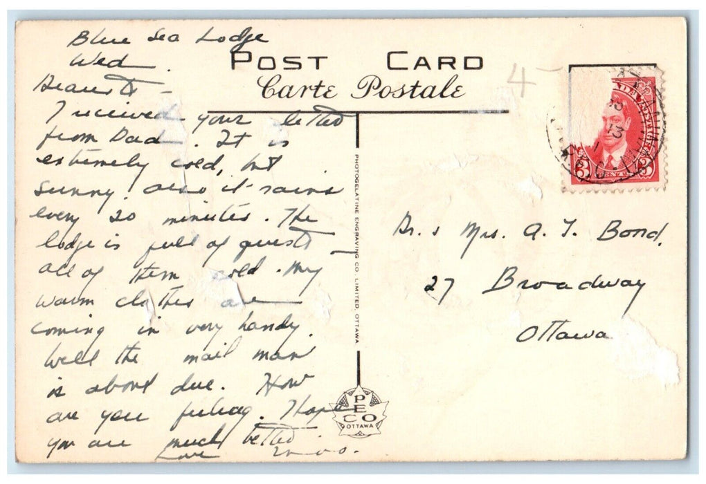 c1940's Blue Sea Lodge on Blue Sea Lake Burbridge Quebec Canada Postcard