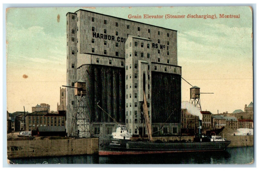 1911 Grain Elevator (Steamer Discharging) Montreal Quebec Canada Postcard