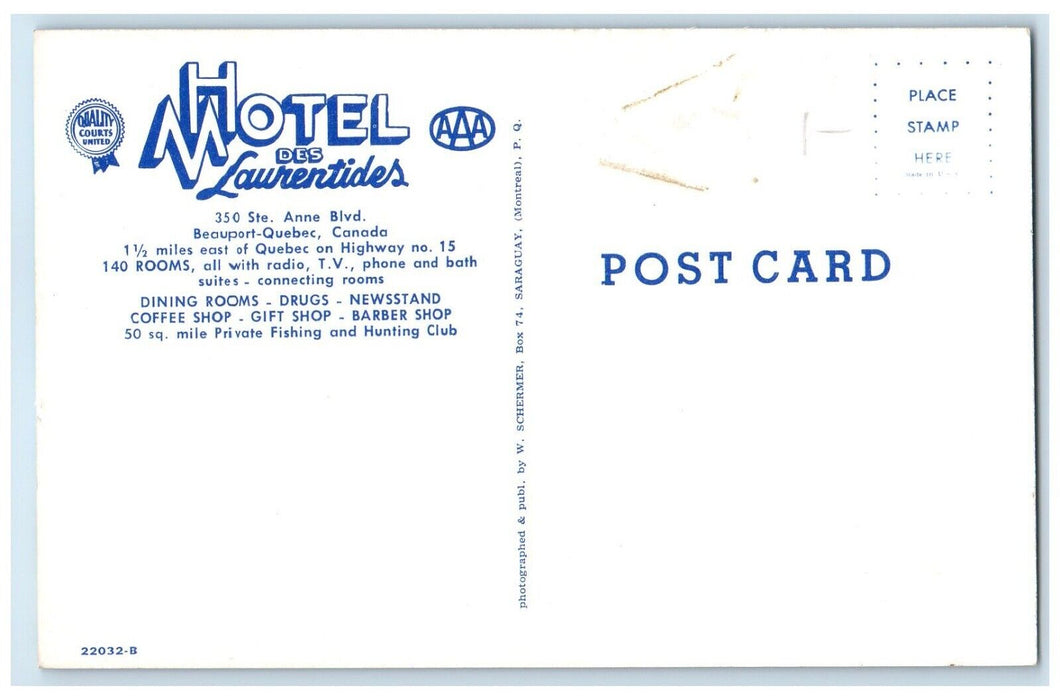 c1950's Hotel Des Laurentides Beauport Quebec Canada Unposted Postcard