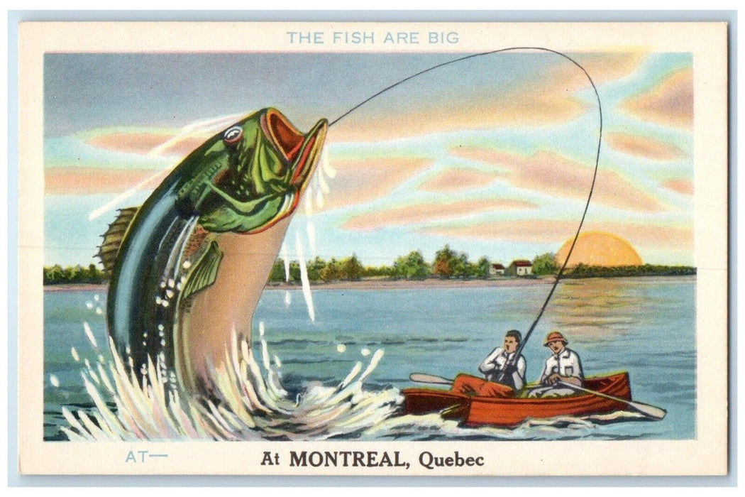 c1950's Two Men Catching Fish are Big Exaggerated Fish Montreal Canada Postcard