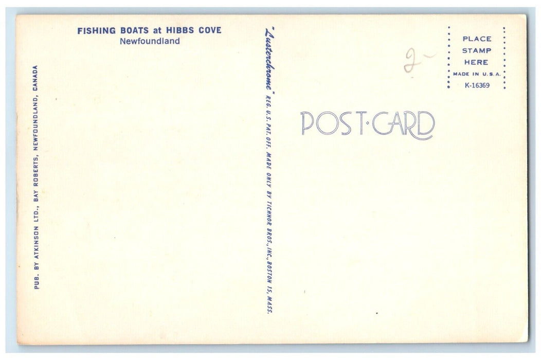 c1950's Fishing Boats at Hibbs Cove Newfoundland Canada Unposted Postcard
