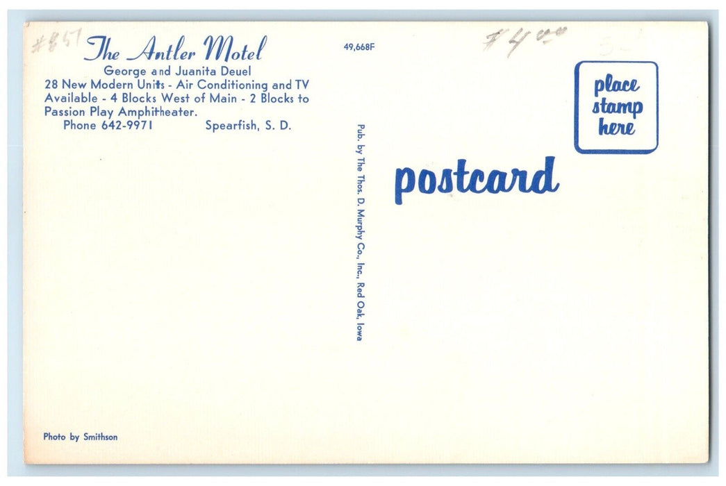 c1950's The Antler Motel Roadside Spearfish South Dakota SD Vintage Postcard