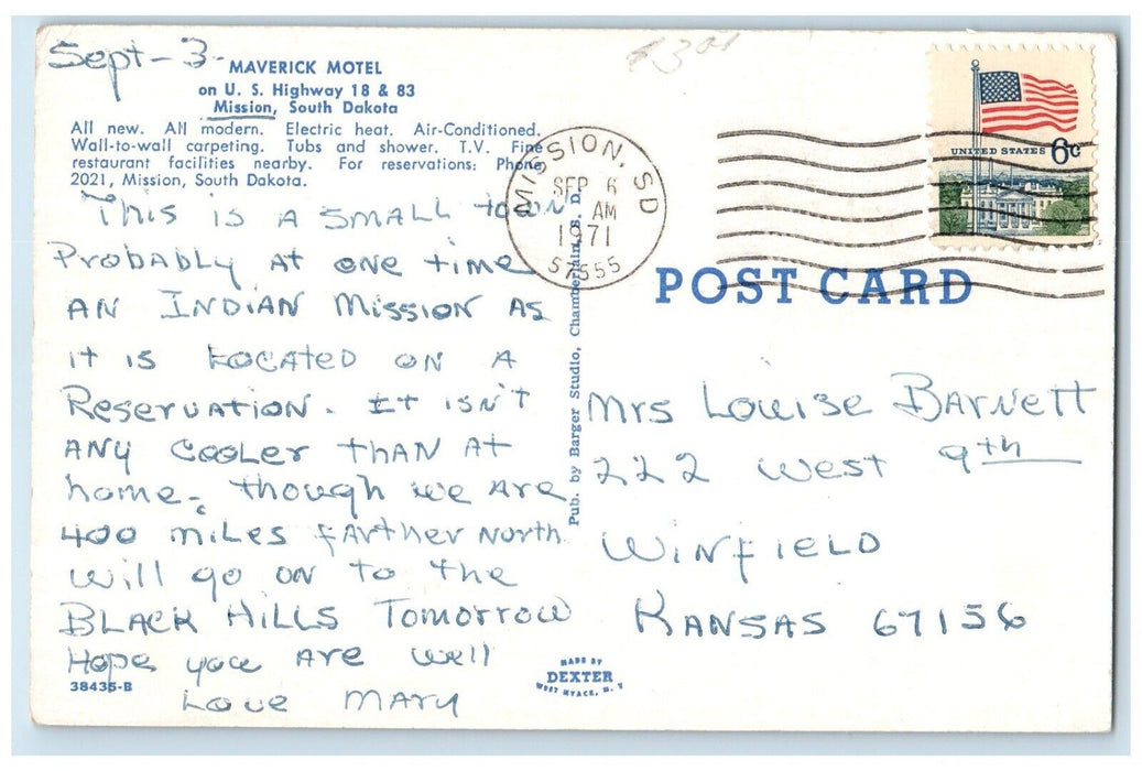 1971 Maverick Motel Roadside Cars Mission South Dakota SD Vintage Postcard