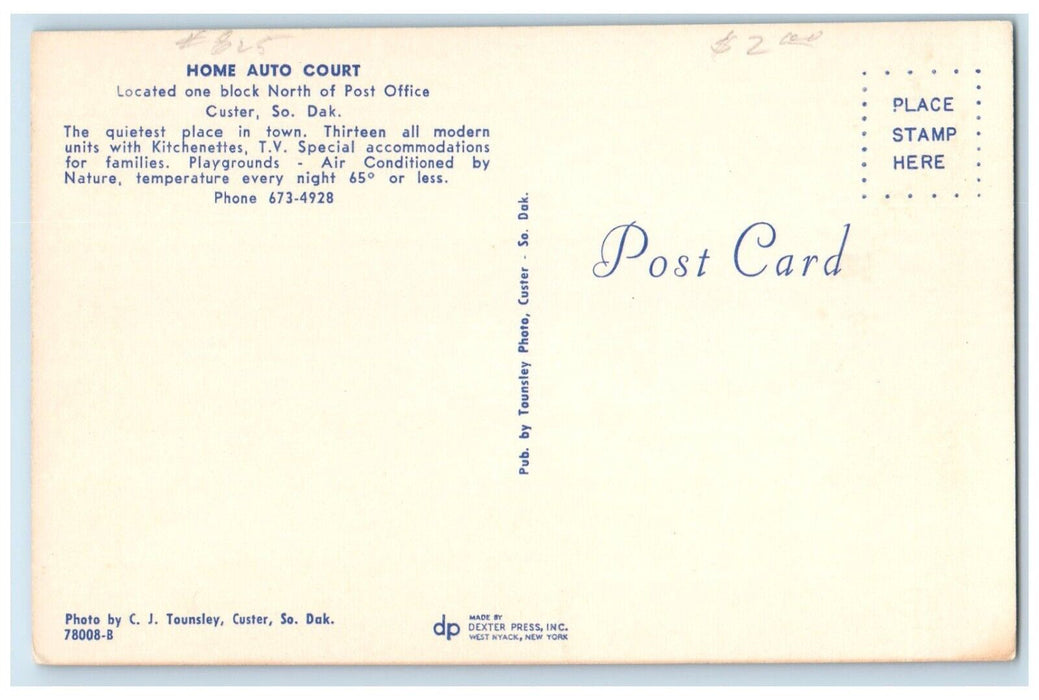 c1960's Home Auto Court Motel Roadside Custer South Dakota SD Vintage Postcard