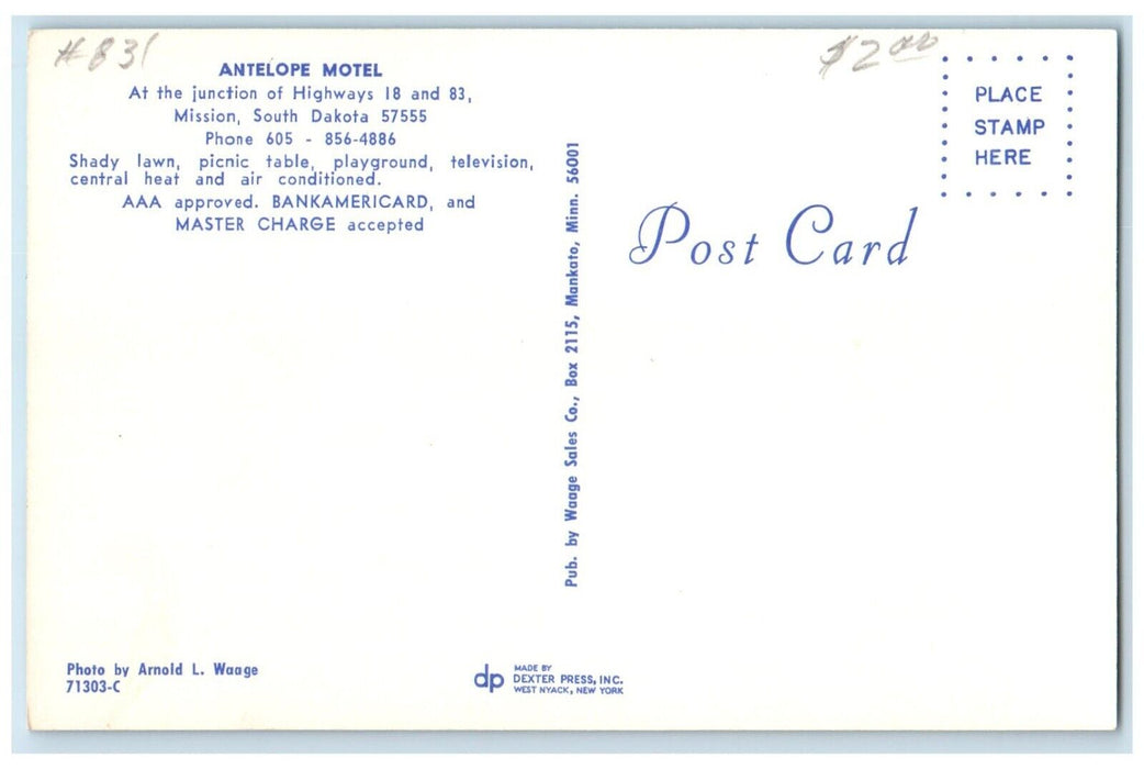 c1950's Antelope Motel Roadside Car Mission South Dakota SD Vintage Postcard
