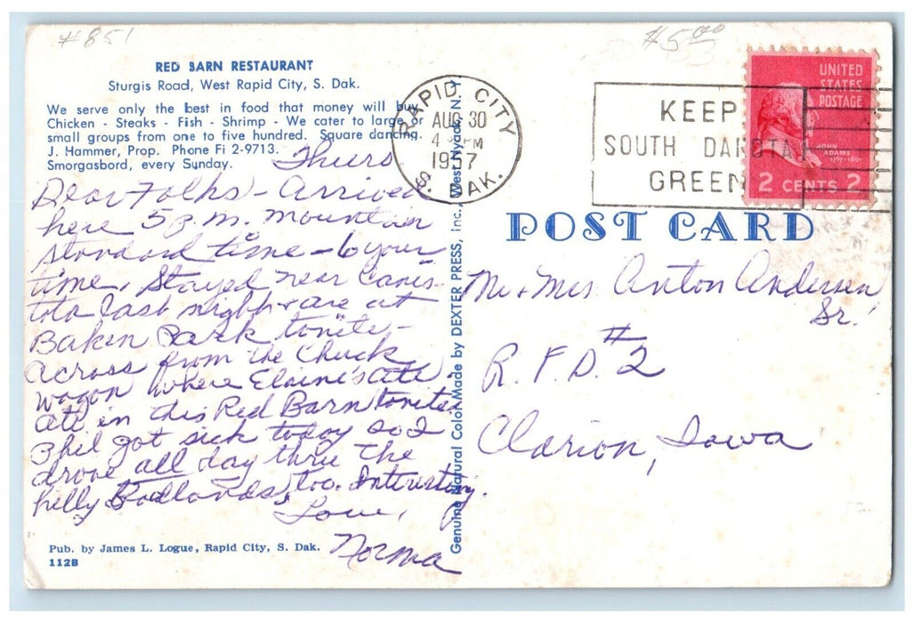 1957 Red Barn Restaurant Cars Rapid City South Dakota SD Posted Vintage Postcard