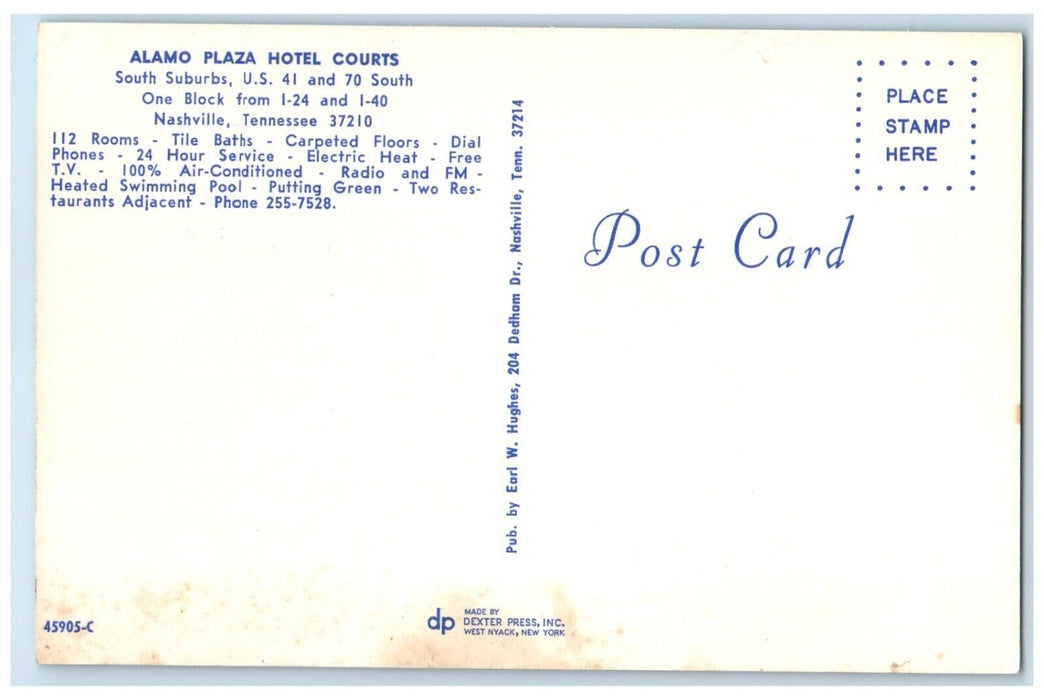 c1950's Alamo Plaza Hotel Courts  Nashville Tennessee TN Dual View Postcard