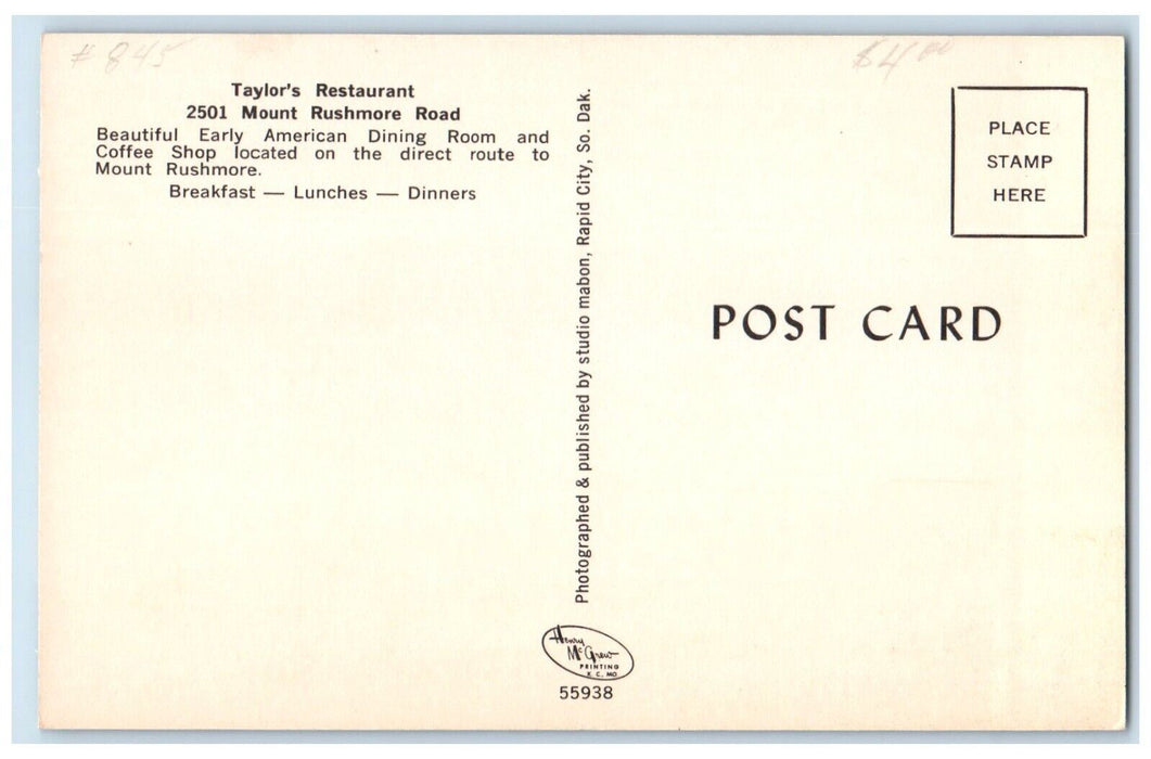 c1950's Taylor's Restaurant Dining Room Rapid City South Dakota SD Postcard