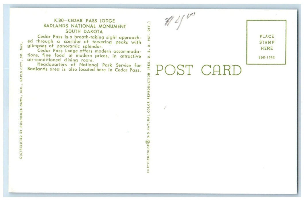 Cedar Pass Lodge Badlands National Monument SD Texaco Gas Station Postcard