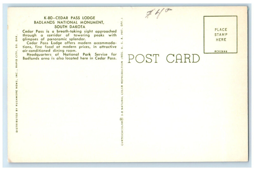 Cedar Pass Lodge Badlands National Monument SD Mobilgas Gas Station Postcard