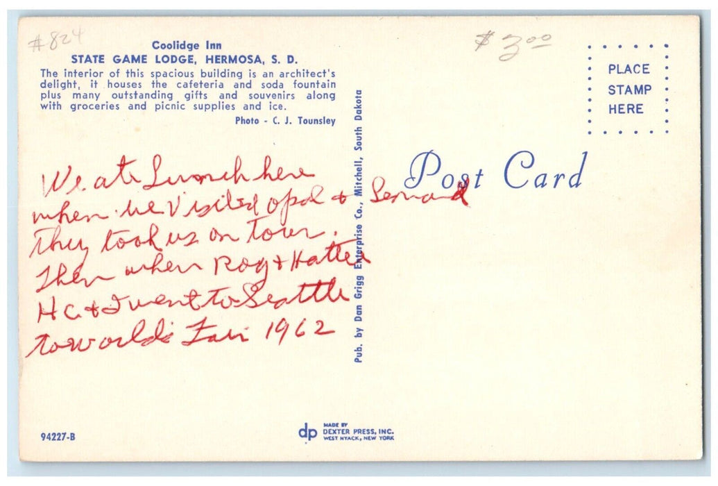 c1950's Coolidge Inn State Game Lodge Hermosa South Dakota SD Vintage Postcard