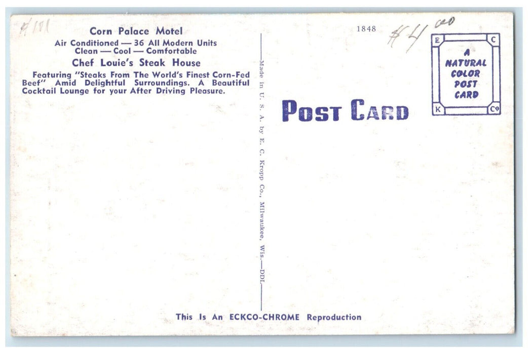 c1930's Corn Palace Motel And Chef's Louie's Steak House Mitchell SD Postcard