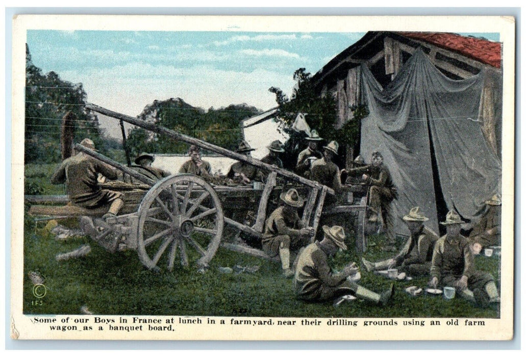 c1910's Boys In France At Lunch Farmyard Near Drilling Grounds WWI Postcard