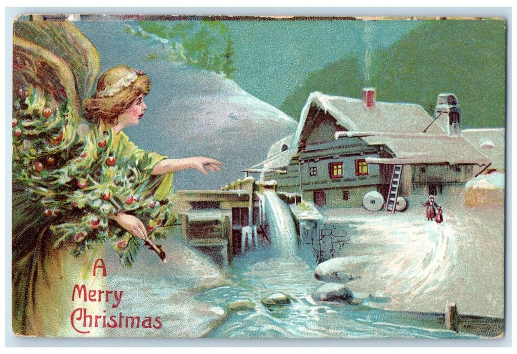 1908 Christmas Angel Berries House Winter Fairfield Connecticut CT Postcard