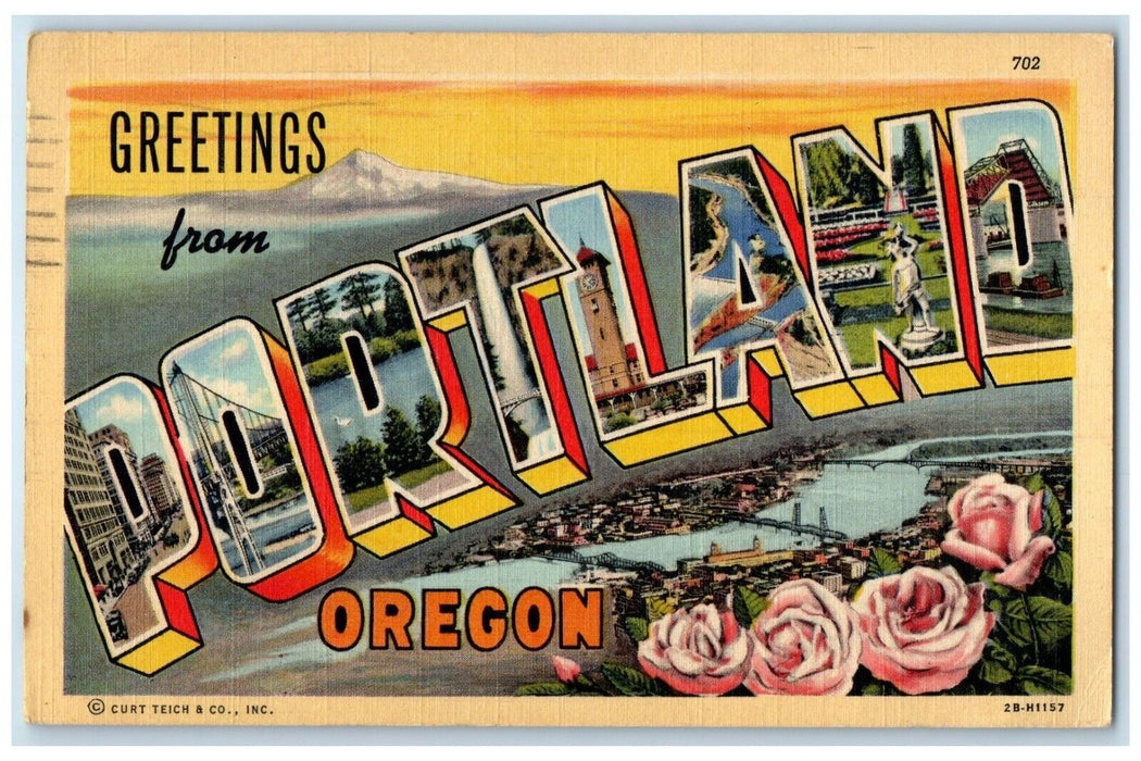 1945 Greetings Portland Oregon OR Banner Large Letters Flowers Vintage Postcard