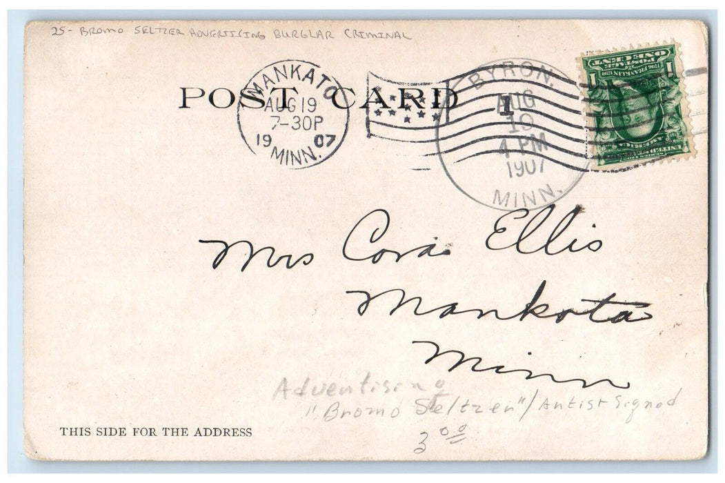 1907 Bromo Seltler Advertising Burglar Criminal Mankato Minnesota MN Postcard