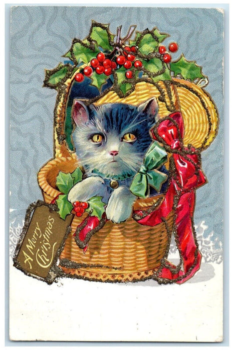 1909 Christmas Cat In Basket Holly Berries Embossed Nash Hyde Park MA Postcard