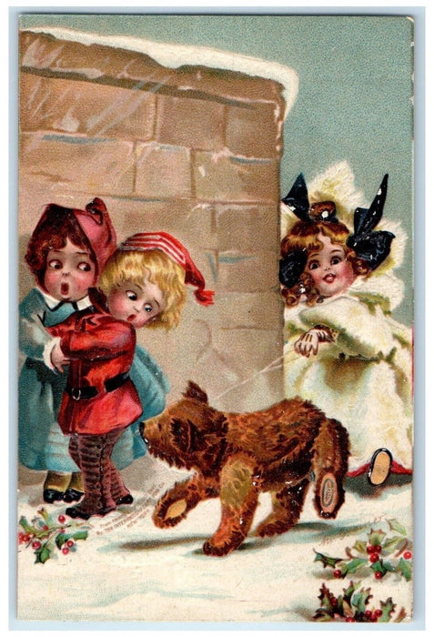 1907 Children Scared To Dog Holly Berries Clapsaddle Embossed New York Postcard