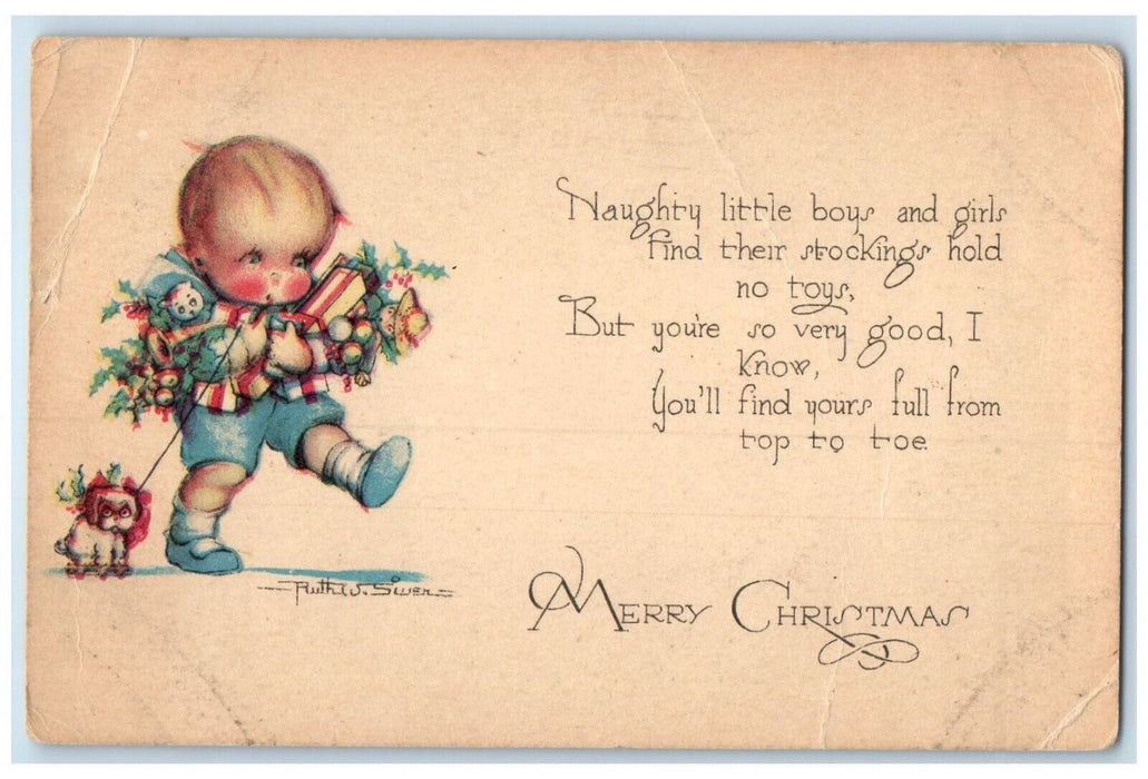 1924 Merry Christmas Boy With Toys Berries The Dalles Oregon OR Antique Postcard