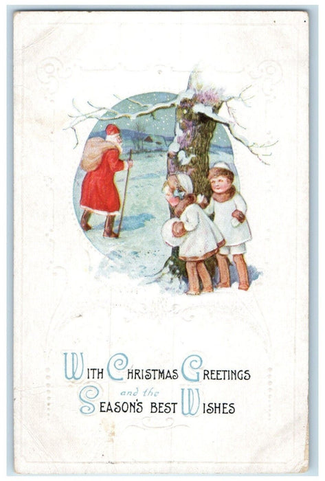 1919 Christmas Greetings Santa Claus Children Hiding In Winter Embossed Postcard