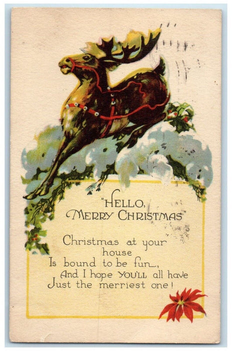 1927 Christmas Deer Holly Berries Poinsettia Cherry Vale Kansas KS Postcard