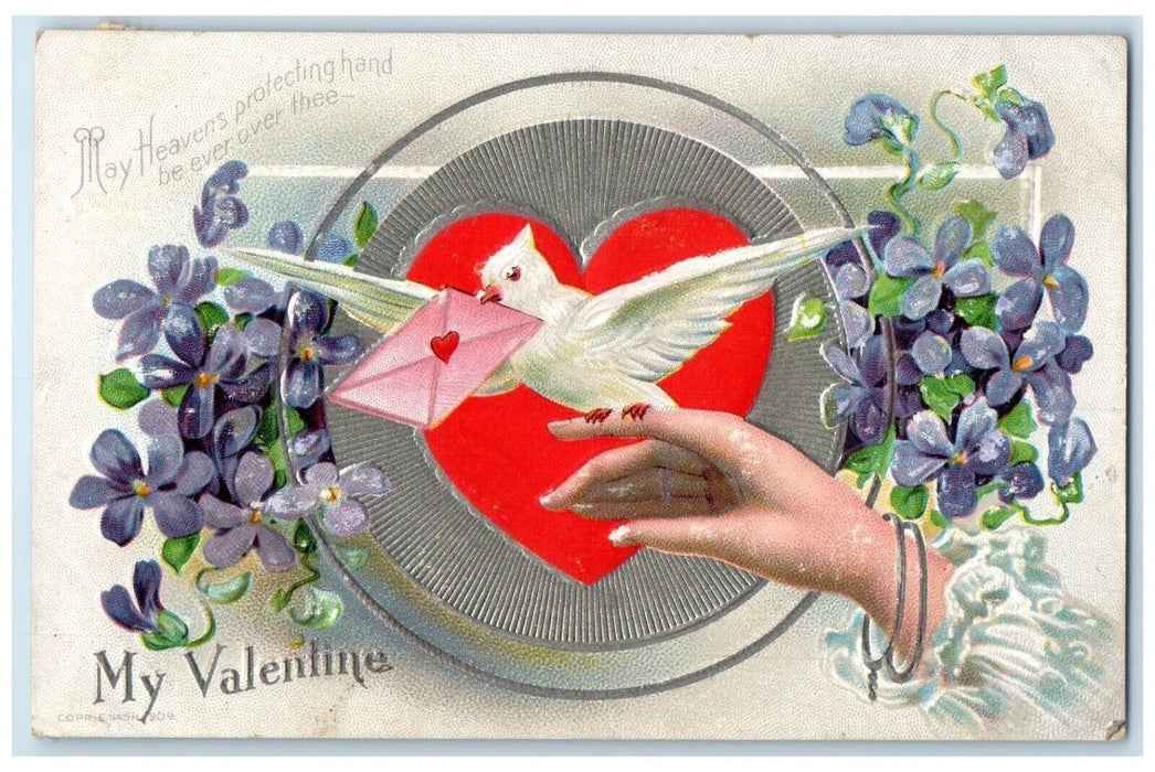 1910 Valentine Heart Flowers Dove Embossed Grand Mound Iowa IA Antique Postcard
