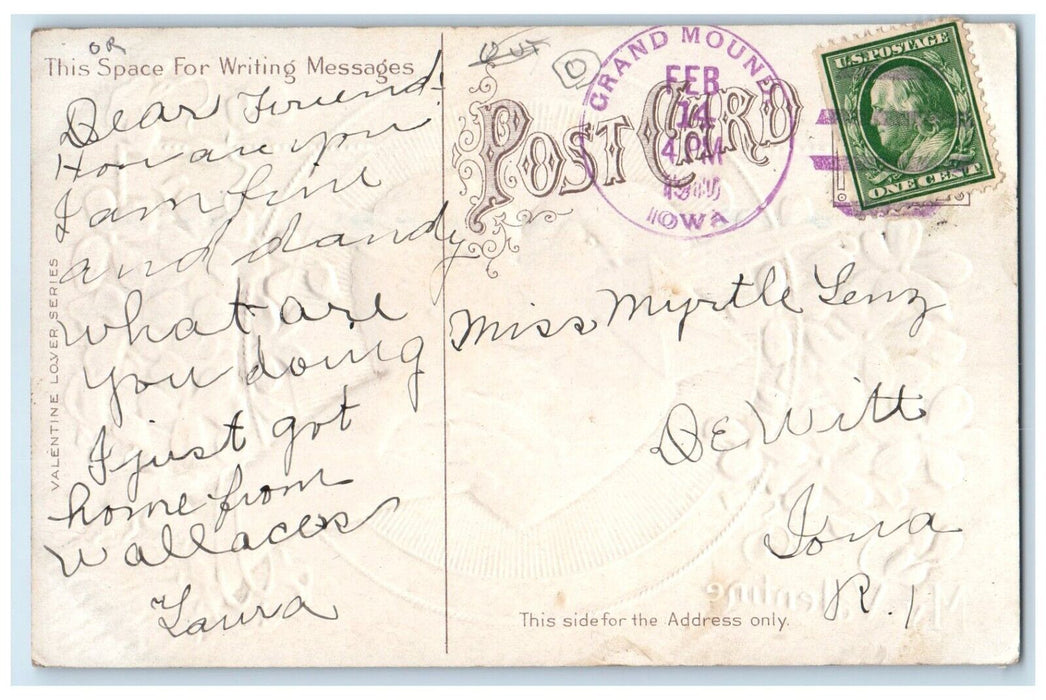 1910 Valentine Heart Flowers Dove Embossed Grand Mound Iowa IA Antique Postcard