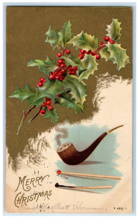 1906 Christmas Holly Berries Pipe Smoke Matches New Bedford MA Antique Postcard