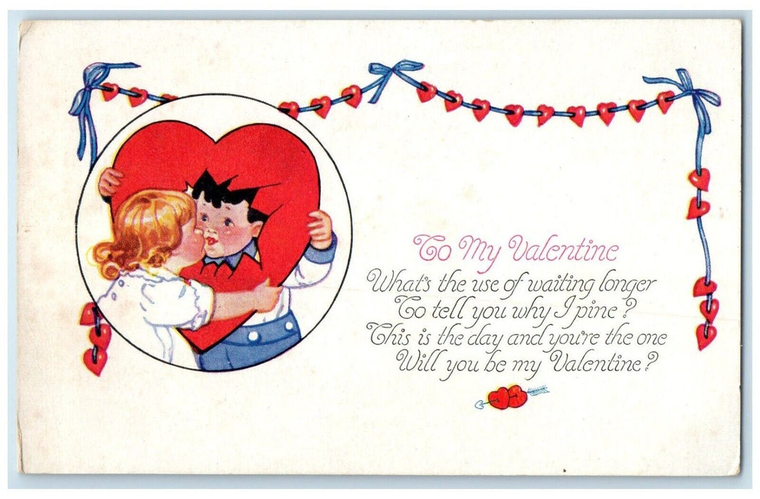 c1910's Valentine Little Sweetheart Kissing Hearts Unposted Antique Postcard