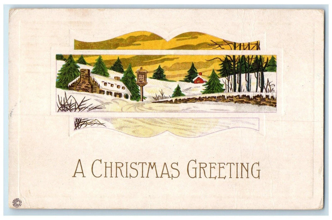 1917 Christmas Greeting Houses Pine Trees Winter Tulare California CA Postcard