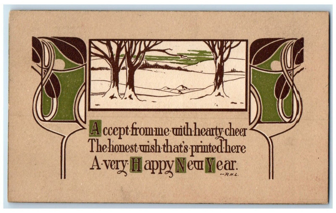 1913 Happy New Year Winter Scene Arts And Crafts Chicago Illinois IL Postcard