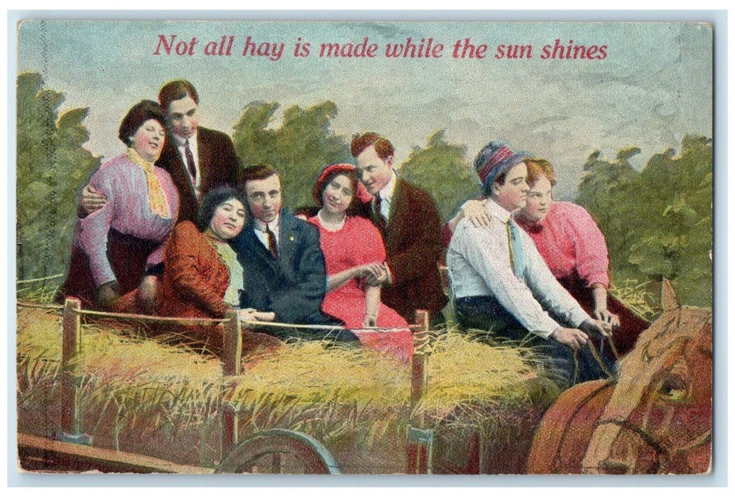 c1910's Couples Hay Ride Not All Hay Is Made While The Sun Shines Postcard