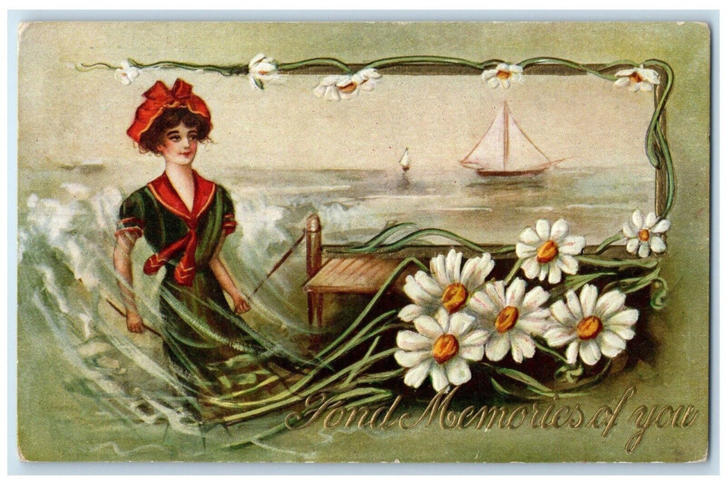 c1910's Pretty Woman Daisy Flowers Sailboat Scene Embossed Antique Postcard