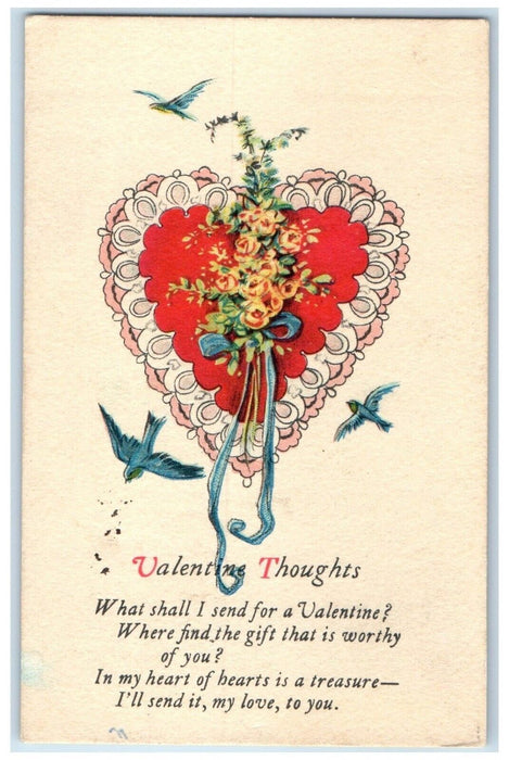1930 Valentine Thoughts Heart Flowers Birds Lunenburg Nova Scotia NS Postcard